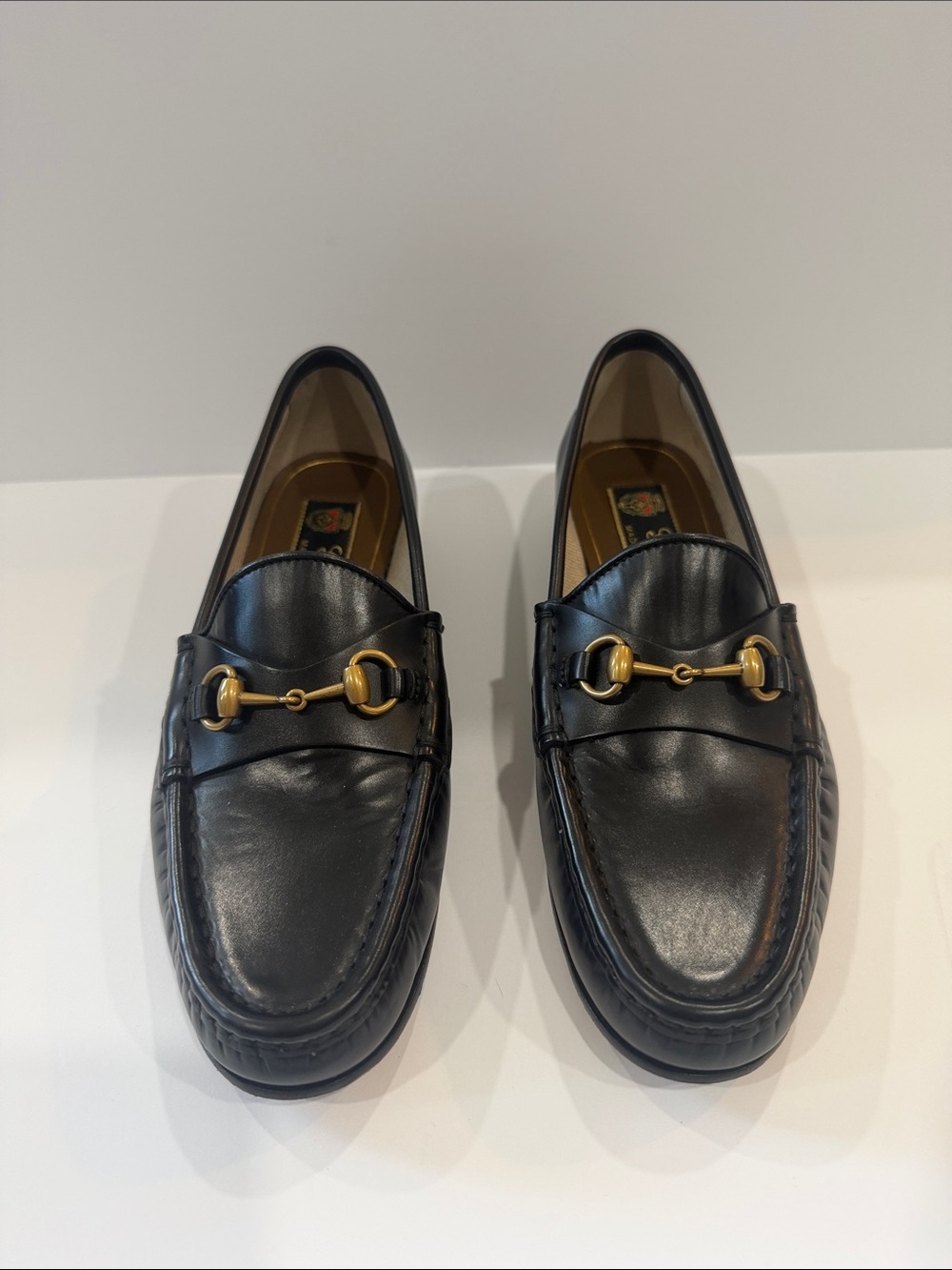 Black Leather Women’s Horsebit Loafers with Gold Hardware